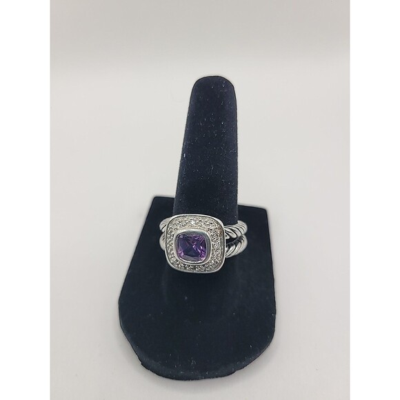 Vintage Silver Tone Purple Stone Halo Ring Rope Band Cushion Cut SZ 7 - Picture 2 of 11